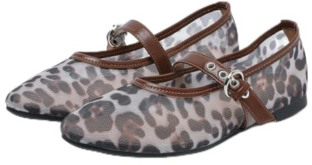 CRETUAO Ballerine Donna in Maglia Leopardata Sandali Mary Jane con Punta Rotonda Morbidi Comodi con Fibbia Scarpe Ballerina Casual Traspiranti,4 Leopard,37 EU