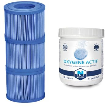 NetSpa - Pack de mantenimiento Spa, 3 cartuchos filtrantes de 10,5 x 8 cm + 20 pastillas de oxígeno activo 20 g