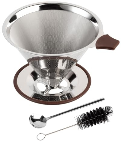 LiangYuanZen 18/8 Edelstahl Kaffeefilter, Wiederverwendbarer Pour Over Filter für Manuellen Kaffee, Papierlos, 3-4 Tassen, mit Reinigungsbürsten + 18/8 Kaffeelöffel