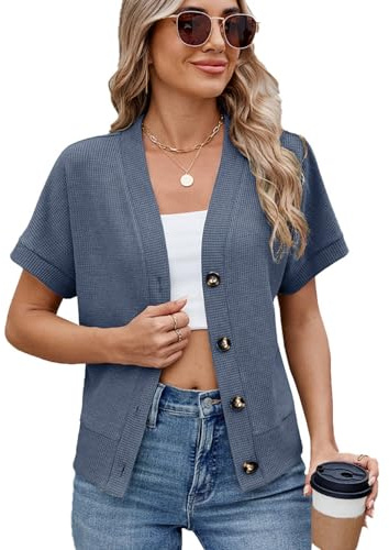 Cárdigan de manga corta con botones para mujer, de punto gofre, casual, ligero, estilo bolero, elegante, para oficina, viajes, azul vaquero, L