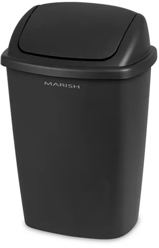 MARISH 7.5 Gallon Swing Top Trash Can – Black Plastic Wastebasket with Easy Open Lid, Indoor Kitchen Garbage Bin, Fits 8 Gallon Liners, BPA-Free, Space Saving Trash Container for Home or Office
