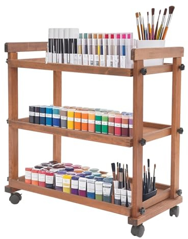 BRRIDE Holz-Kunstwagen Aufbewahrungs Küchenwagen Servierwagen Aufbewahrungswagen, Rollender 3-Ebenen-Malwagen Großer Praktischer Studiowagen 42x77x76cm (Log Color)