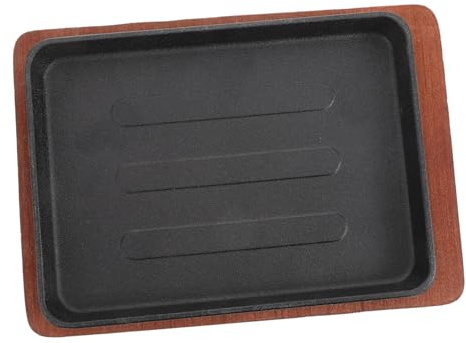 NAMOARLY Plato de Hierro para Asar Steak Sartén con Doble Asa y Base de Madera Antiadherente para Barbacoa y Cocina