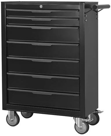 Servante d’Atelier avec 7tiroirs,Caisse à Outils en métal de grande capacité | avec roues et serrure à clé | chariot à outils de rangement roulant pour garage, etabli atelier garage. (Noir, 7 Tiroirs)