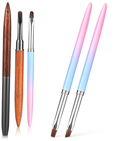 Ipetboom Set de 5 Pinceaux pour Nail Art avec Têtes Rondes, Angulaires et Plates en Bois Léger, pour Nettoyage et Peinture d'Ongles à Domicile Salon Professionnel