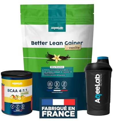 Pack Prise de Masse complet : Force Energie & Récupération • Croissance Musculaire • Lean Gainer Vanille + BCAA 4:1:1 + Shaker • Eco-responsable • Fabriqué en France • AqeeLab Nutrition