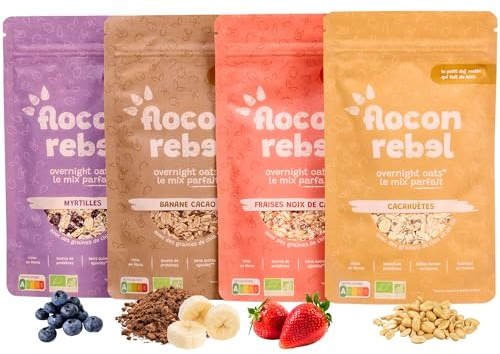 FLOCON REBEL Overnight Oats Pack Découverte 4x45g Bio | 4 saveurs à tester, porridge froid sans cuisson, sans sucre ajouté