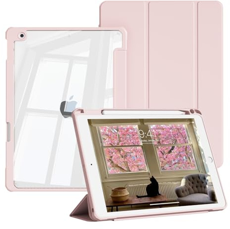 ZOPSGYU Coque pour iPad 9ème/8ème/7ème Génération 10.2 Pouces, Rose | Étui pour iPad 2021/2020/2019 avec Porte-Crayon, Dos Transparent et Support, Housse avec Veille/Réveil Automatique