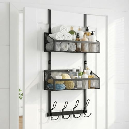 Xygobla Over Door Hanger Hooks - Multi-Functional Storage Organizer with 12 Coat Hooks & 2 Mesh Baskets | Heavy Duty No-Drill Door Rack for Bathroom, Pantry & Bedroom | Space-Saving Behind Door Hanger