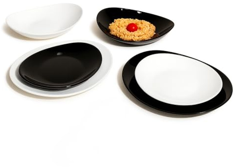 Servizio piatti da tavola in arcopal 18 pezzi Luce Ombra bianco nero – vetro opale temperato, set moderno resistente per 6 persone, lavabile lavastoviglie e microonde