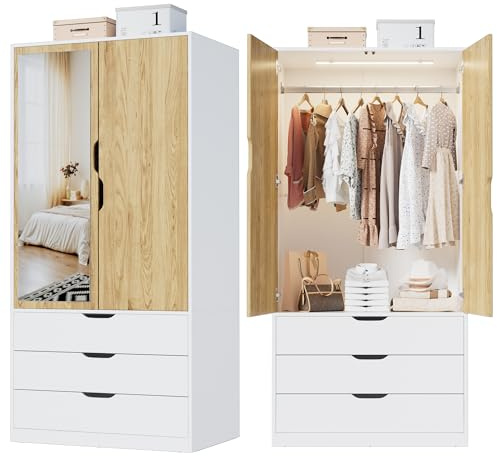 MSFE Armadio Camera da Letto, Armadio Guardaroba 2 Ante con Specchio|LED con Sensore|3 Cassetti, Armadio Contenitore, Salvaspazio, per Cameretta, Camera dei bambini, da ingresso|80x180x50cm (L/H/P)