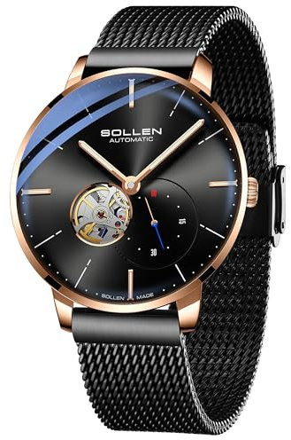 SOLLEN Montres squelettes pour Homme,Montres mécaniques automatiques minimalistes,Montres-Bracelets étanches avec Aiguilles et sous-Cadran des Secondes luminescents,Montres-Bracelets pour Homme