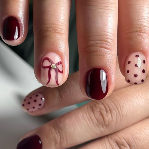 TESGADGETS 24 pezzi unghie finte borgogna da incollare – Unghie finte corte quadrate in stile pois rosso vino