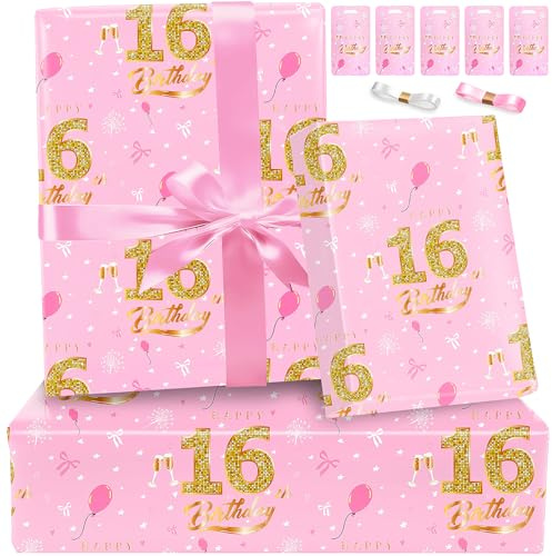 Geschenkpapier 16 Geburtstag Mädchen,Geburtstagspapier Rosa Geschenkpapier Geburtstag Geschenk Papier 16 Jahr Happy Birthday Papier Geschenkverpackung Set Geburtstag für 16 Geburtstagsdeko