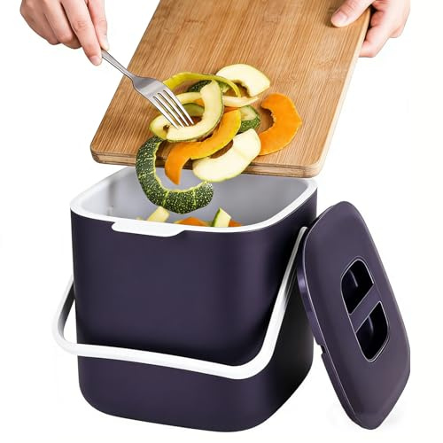 Exquilnova 4L Biomülleimer Küche Klein, Kleiner Mülleimer mit Deckel & Griff, Geruchsdicht, Herausnehmbarer Inneneinsatz, Komposteimer Küche für Kompost, küchen, Balkon – Leicht zu Reinigen (Violett)