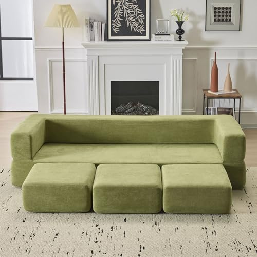 Sofá acolchado de 3 plazas moderno, conjunto de sofá cama convertible, con 3 reposapiés móviles, sofá de suelo que ahorra espacio, colchón de espuma de alta resiliencia, tejido de chenilla, verde