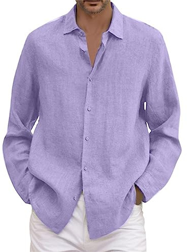 Generico Camicia Maniche Lunghe Lino Uomo Camicie Abbigliamento Slim Fit Estiva Taglie Forti Maglietta Elegante Bianca Casual Tempo Libero E Spiaggia T Shirt