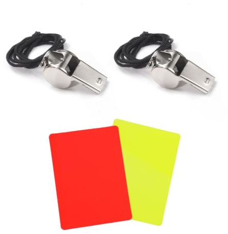 AIRTILY 2 Sifflets en Acier Inoxydable, 1 Carton Rouge, 1 Carton Jaune, Set D'Accessoires D'Arbitre, Matériel D'Entraînement Sportif.