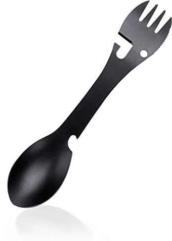 Spork Outdoor Löffel, 5 in 1 Portable Multifunktions Löffel Gabel Flaschenöffner Sägezahn Cutter für Camping Picknick, Edelstahl Besteck Reisen Funktionelle Essen Multi-Tool Utensil