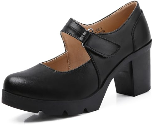DADAWEN Women's Leather Classic Mid Heel Mary Jane Square Toe Oxfords Platform Dress Pumps Shoes Black US Size 8