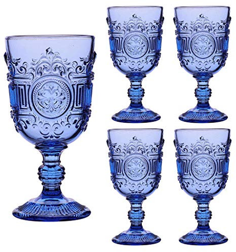 Wine Glasses Set of 4 Blue Embossed 300ml Drinking Goblets Alfresco Dining Glassware