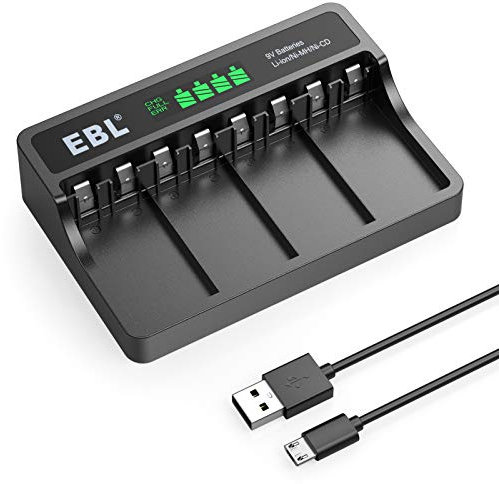 EBL Akku Ladegerät 9v für Li-Ionen NI-MH NI-Cd 9v wiederaufladbare Batterien, LCD Display, 4 Fach 9v Ladegerät, EBL M7015