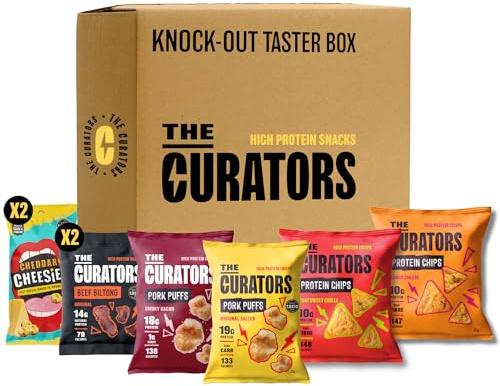 THE CURATORS High Protein Knock-Out Taster Box, Biltong, Pork Puffs, Cheesies & Protein Chips (8 Items) Savoury Snack Variety Gift Party Hamper
