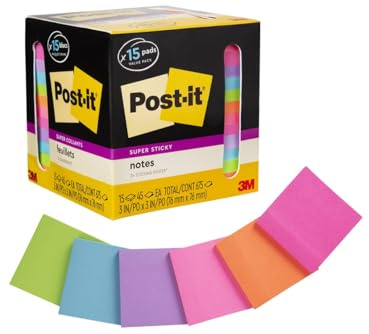 Post-it Super Sticky Notes, Assorted Bright Colors, 3x3 in, 15 Pads/Pack, 45 Sheets/Pad, 2X the Sticking Power, Recyclable, Multi-Color
