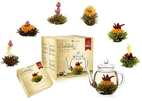 Creano Mélange de fleurs de thé - coffret cadeau doré Fleur de Thé avec théière en verre thé blanc, vert et noir en 6 variétés cadeau pour femme 7 pièces