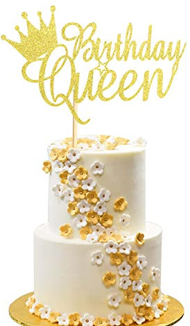 Arthsdite Queen Birthday Cake Topper Happy Birthday Cake Bunting Decor, Cake Picks Party Decoration Supplies for Lady Girl Women- Gold Glitter
