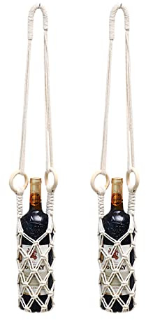 Makramee-Weinflaschenträger, 1 2 Stück Baumwolle hängende Wasserflasche Netztasche mit Haken, tragbarer Flaschenaufbewahrungshalter for Wandern, Radfahren, Fitness, handgefertigtes Weinzubehör,