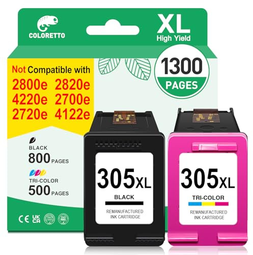 COLORETTO 305XL Cartuchos de Tinta para HP 305 XL Cartuchos para HP 305 Envy 6030e 6020e Envy 6420e 6430e 6022e 6432e 6400e 6000 6020 6400 6430 Tinta Impresora para HP 305 XL Negro y Color