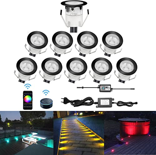 CHNXU 10er Set LED Bodeneinbauleuchte, WiFi RGB LED Einbaustrahler Steuerbar via App, IP67 Wasserdicht Außen Boden Lampe Ø30mm Treppen Einbaustrahler Kompatibel mit Amazon Alexa, Google Home, Schwarz