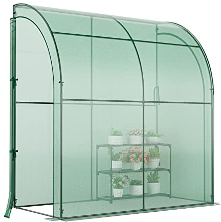 GOPLUS Invernadero de Jardín, 200 x 100 x 215 cm, PE de Pared, Estantería de Almacenamiento de 3 Niveles, 2 Puertas, Invernadero Inclinado con Acceso Directo para Jardín, Patio, Verde