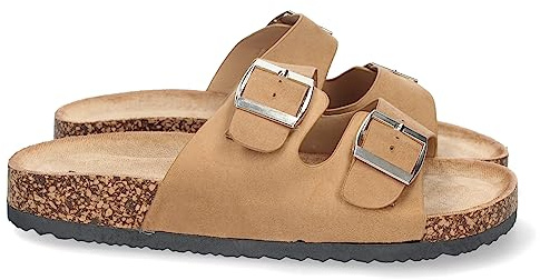 72563 Sandalia Plana de Mujer, con Planta de Anatomica de Bio, y Hebillas, Primavera Verano 2021 Camel Talla 39