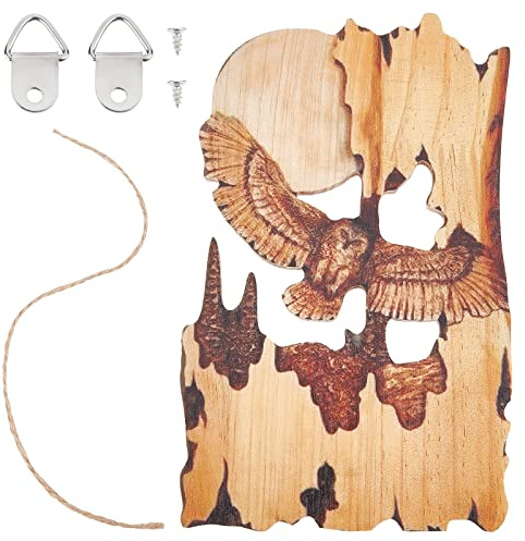 CREATCABIN Eule Tier Holz Geschnitzt Kunsthandwerk Wandbehang Schild Kunstschild Ornament Figur Statue Rustikal Bauernhaus Hof Heimdekoration Geschenke Für Weihnachten Geburtstag Familie 19.4x12.2cm
