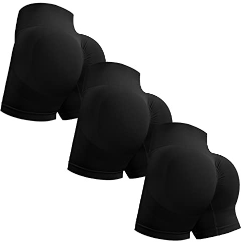 OVESPORT Pantaloncini da Allenamento da Donna, 3 Pezzi, Senza Cuciture, per Sollevamento del Sedere, a Vita Alta, per Yoga, Palestra, Corsa, Pantaloni Corti, Nero/Nero/Nero, S