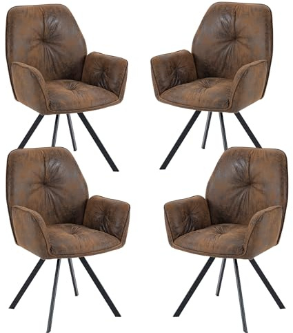 MEUBLE COSY Set med 4 stolar matsalsstol 360° svängbar på 360° vintage fåtölj med ryggstöd och armstöd för vardagsrum kök kontor, stoppad sits i sammet, metallfötter, brun, 60 x 62 x 87,5 cm