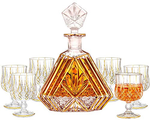 LoJax Ensemble de Carafe à Whisky avec 6 Tasses à Verres, Bouteille de vin en Verre Garniture dorée Carafe à Whisky, Ensemble de Carafe en Cristal de qualité supérieure pour Alcool Scotch Bourbon