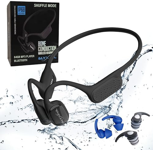 ELYXFUL Bone Conduction Swimming Headphones, IP68 Waterproof Bluetooth & 64GB MP3 Player, Open-Ear Water Headphones for Swimming with Mic, Secure Fit, Great for Running, Cycling, and Workouts