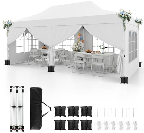 COSTWAY Tonnelle de Jardin 3x6M avec 6 Parois Latérales Amovibles, Tente de Reception Escamotable avec Sac de Transport 6 Sacs de Sable, Tonnelle Instantanée pour Fête Mariage BBQ (Blanc)