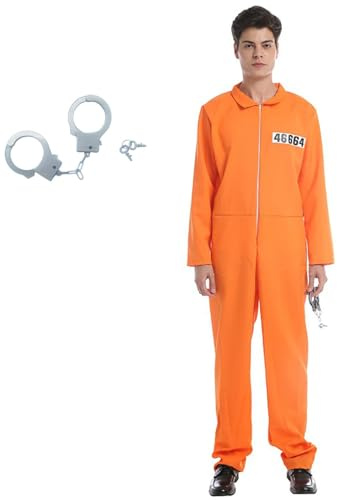 animacoser Häftling Kostüm für Erwachsene, Oranger Gefängnisoverall mit Handschellen, Knastvogel Insasse Gefängniskostüm Uniform, Halloween Prisoner Kostüm für Damen und Herren