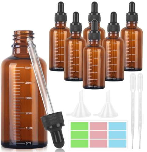 GROFIS Lot de 6 Flacon Pipette 50ml, Petit Flacon en Verre Ambré, Flacons Compte-gouttes avec 2 Pipette Mesurée 2 entonnoir 1 Etiquettes, Verre Dropping Bottles pour Huiles Essentielles Parfums