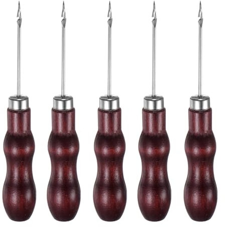 QUARKZMAN 5pz Punteruolo Cucito Lavoro Manuale Doppia Zucca Testa Gancio Punteruolo Pelle Strumento Forare Manico Legno Graffi per Fili Rotti Foratura Cucitura Riparazione Palissandro