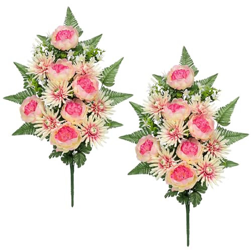 Briful Grabblumen für Friedhof, 2 Stück, Beileidsstrauß, Seide, Frühlingsblumen, Blumenstrauß, künstliche Mütter, Pfingstrosen, Beerdigung, Outdoor-Blumen, Arrangement für Gedenkstätten, Friedhof,