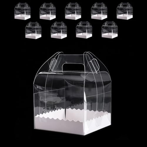 Hniuyun 10Pcs 4 Inch Square Clear Plastic Cake Boxes with Handles - Display Containers for Bakery, Cupcakes, Desserts, Pies for Birthday, Wedding, Holiday Events