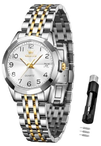 OLEVS Oro Argentato Orologio Donna Acciaio Bianco Piccolo Quadrante Numeri Arabi Luminoso Orologi Sportivo Donna Data Impermeabile Watches for Womens Analogico Elegante Regalo per Donna