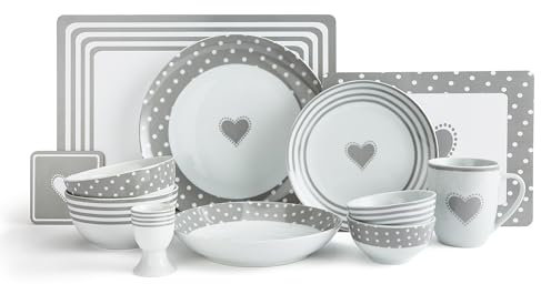 56PC Grey Heart Dinner Set - NO Cutlery
