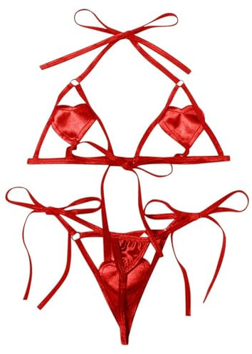 Oludkeph Dam hjärta nät genomskinliga underkläder set 2 delar bygel-BH och trosor urholkade mikrobadkläder bikini set för jul alla hjärtans dag present, Röd, M