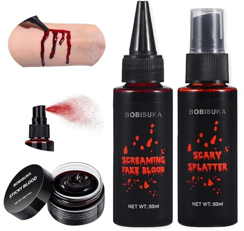 BOBISUKA Halloween Kunstblut 3 PCS: Blutplasma+Kunstblut Spray+Bluttropfen | Fake Blood Realistisch Abwaschbar Sicher für Karneval,Simulierte Wunden,Film,Theater,Unfug